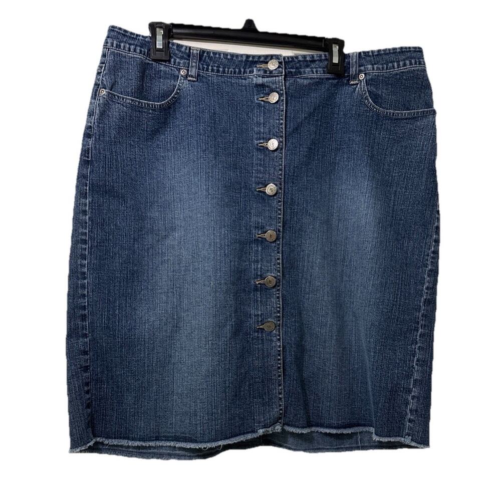 Venezia Y2K Denim Skirt Plus Size 20 Dark Wash Button Front Raw Hem Pockets